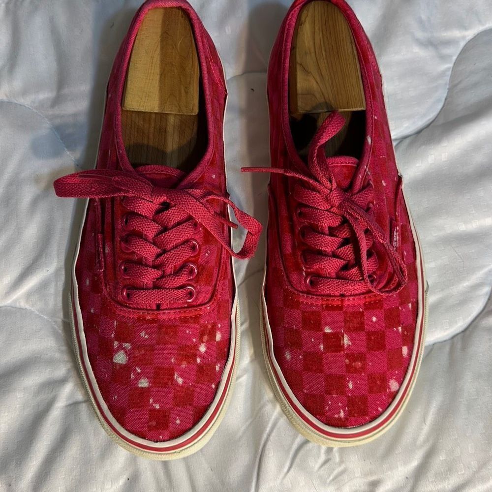 Vans Pink Checker board with Bleech spots Men’s 9, Women’s 10.5